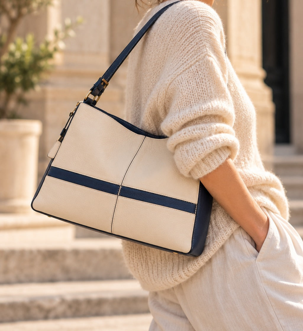 Allure handbag, cream leather with navy band