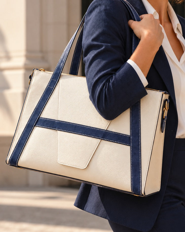 Caractère handbag, cream leather with navy straps, worn on the shoulder